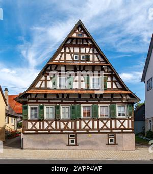 Nehren, district of Tübingen, half-timbered house with three sticking roofs, Hauptstraße 34. Stock Photo