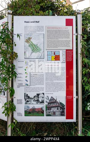 Nehren, district of Tübingen, information board on the history of half-timbered houses in Nehren. Stock Photo