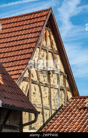 Nehren, district of Tübingen, half-timbered building in the main street. Gable with adobe wall Stock Photo