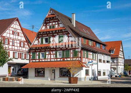 Nehren, district of Tübingen, half-timbered house at Hauptstraße 4, gable with bonded roofs. Stock Photo