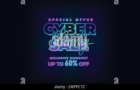 Cyber Monday Colorful Neon Style Super Sale Web Banner. Cyber Monday Sale Special Offer Social Media Post Design. Business, Promotion, and Advertising Stock Vector