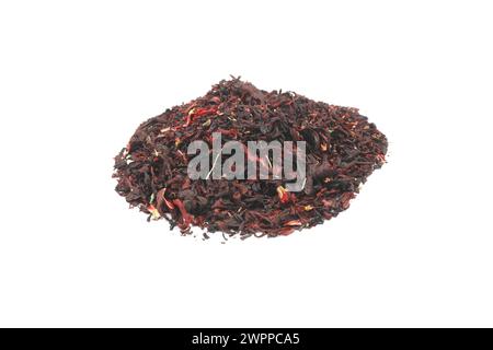 Hibiscus, a pile of red dried Hibiscus tea leaves. Karkade tea. On white background. View from above. Stock Photo