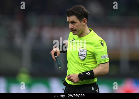 Milan, Italy. 7th Mar, 2024. The Referee Halil Umut Meler of Turkey reacts during the UEFA Europa League match at Giuseppe Meazza, Milan. Picture credit should read: Jonathan Moscrop/Sportimage Credit: Sportimage Ltd/Alamy Live News Stock Photo