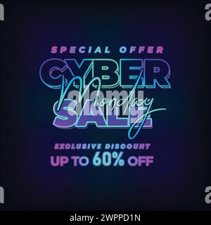Cyber Monday Colorful Neon Style Super Sale Web Banner. Cyber Monday Sale Special Offer Social Media Post Design. Business, Promotion, and Advertising Stock Vector