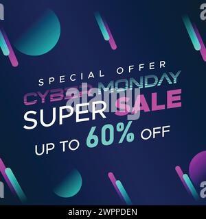 Cyber Monday Colorful Neon Style Super Sale Web Banner. Cyber Monday Sale Special Offer Social Media Post Design. Business, Promotion, and Advertising Stock Vector
