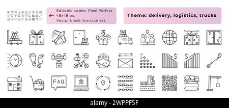 Logistics and cargo, delivery and trucks. Vector black line icon set, 30 signs - 48x48 px (editable stroke, pixel perfect) and 300 x 300 px icons Stock Vector