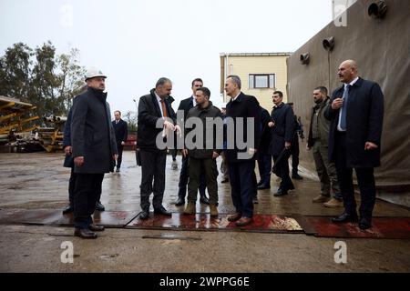 Istanbul, Turkey. 08th Mar, 2024. Ukrainian President Volodymyr Zelenskyy, center, inspects the progress of an Ada-class anti-submarine corvette being built for the Ukrainian Navy at the Turkish STM shipyard, March 8, 2024 in Istanbul, Turkey. Credit: Ukraine Presidency/Ukrainian Presidential Press Office/Alamy Live News Stock Photo