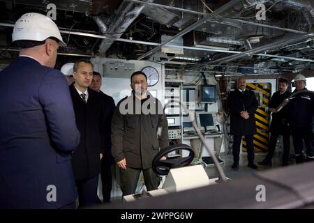 Istanbul, Turkey. 08th Mar, 2024. Ukrainian President Volodymyr Zelenskyy, center, inspects the progress of an Ada-class anti-submarine corvette being built for the Ukrainian Navy at the Turkish STM shipyard, March 8, 2024 in Istanbul, Turkey. Credit: Ukraine Presidency/Ukrainian Presidential Press Office/Alamy Live News Stock Photo