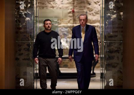 Istanbul, Turkey. 08th Mar, 2024. Turkish Prime Minister Recep Tayyip Erdogan, right, escorts Ukrainian President Volodymyr Zelenskyy, left, on arrival for a bilateral meeting at Dolmabahce palace, March 8, 2024 in Istanbul, Turkey. Credit: Ukraine Presidency/Ukrainian Presidential Press Office/Alamy Live News Stock Photo