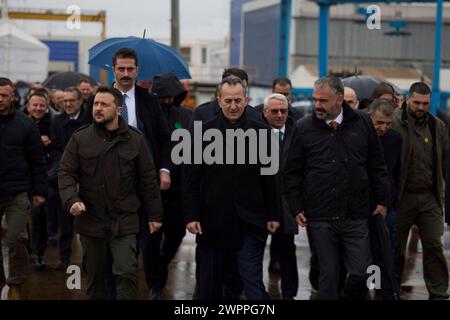 Istanbul, Turkey. 08th Mar, 2024. Ukrainian President Volodymyr Zelenskyy, left, inspects the progress of an Ada-class anti-submarine corvette being built for the Ukrainian Navy at the Turkish STM shipyard, March 8, 2024 in Istanbul, Turkey. Credit: Ukraine Presidency/Ukrainian Presidential Press Office/Alamy Live News Stock Photo