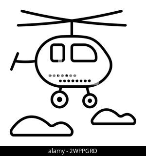 Single helicopter black line vector icon, clouds and copter pictogram, cute chopper in flight, minimal illustration Stock Vector