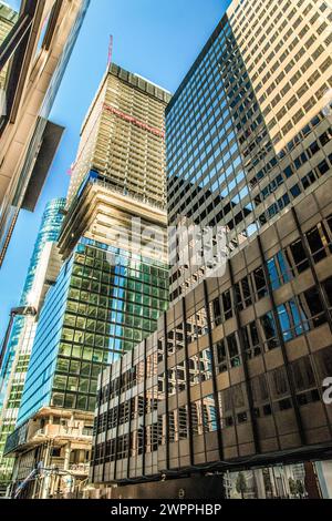 Frankfurt, Germany - Jan 23, 2020: Omniturm Tower and Grosse Gallusstrasse Street at Bankenviertel business district - Frankfurt, Germany Stock Photo