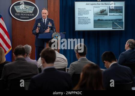 Arlington, United States Of America. 08th Mar, 2024. Arlington, United States of America. 08 March, 2024. Pentagon Press Secretary Air Force Brig. Gen. Pat Ryder responds to a question from a reporter during a press briefing at the Pentagon, March 8, 2024 in Arlington, Virginia. Ryder said it will take up to two months to construct the pier to supply Gaza with humanitarian aid. Credit: Joseph Clark/Department of Defense/Alamy Live News Stock Photo