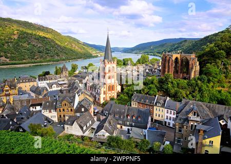 View over the beautiful village Bacharach along the famous Rhine River, Germany near sunset Stock Photo