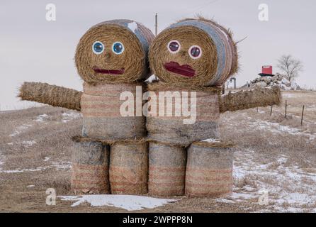 Round hay bales used to create a smiling couple in rural North Dakota. Stock Photo