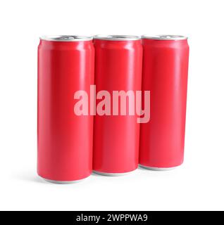 Energy drinks in red aluminum cans on white background Stock Photo