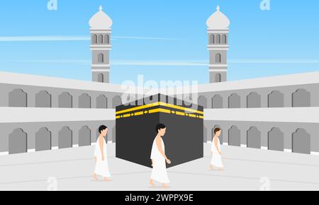 Muslim pilgrims in Masjidil Haram, Sacred mosque that surrounds the Kaaba in the city of Mecca, Saudi Arabia. Vector illustration. Stock Vector