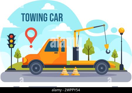 Auto Towing Car Vector Illustration Using a Truck with Roadside Assistance Service for Various Vehicles in Flat Cartoon Background Design Stock Vector