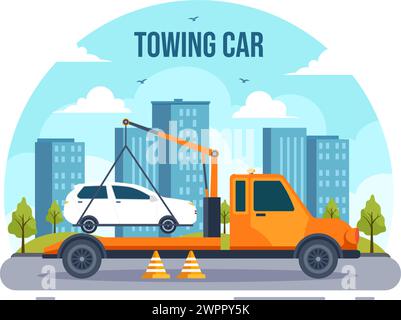 Auto Towing Car Vector Illustration Using a Truck with Roadside Assistance Service for Various Vehicles in Flat Cartoon Background Design Stock Vector