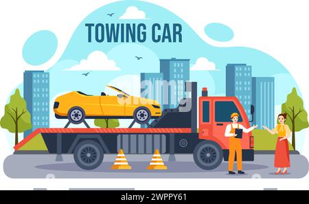 Auto Towing Car Vector Illustration Using a Truck with Roadside Assistance Service for Various Vehicles in Flat Cartoon Background Design Stock Vector