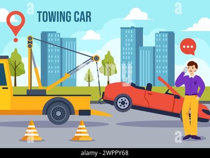 Auto Towing Car Vector Illustration Using a Truck with Roadside Assistance Service for Various Vehicles in Flat Cartoon Background Design Stock Vector