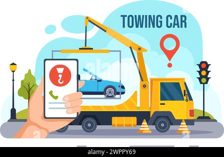 Auto Towing Car Vector Illustration Using a Truck with Roadside Assistance Service for Various Vehicles in Flat Cartoon Background Design Stock Vector