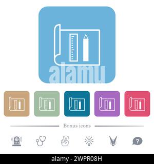 Drawing tools white flat icons on color rounded square backgrounds. 6 bonus icons included Stock Vector