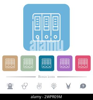 Binders outline white flat icons on color rounded square backgrounds. 6 bonus icons included Stock Vector