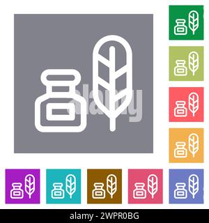 Inkwell and quill outline flat icons on simple color square backgrounds Stock Vector