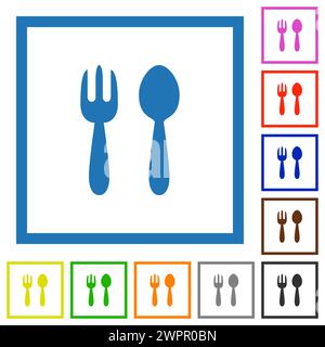 Fork and spoon solid flat color icons in square frames on white background Stock Vector