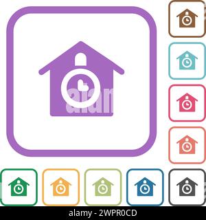 Cuckoo clock solid simple icons in color rounded square frames on white background Stock Vector