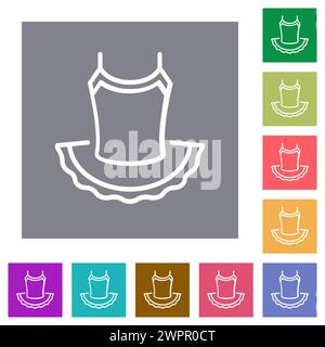 Ballet dress outline flat icons on simple color square backgrounds Stock Vector