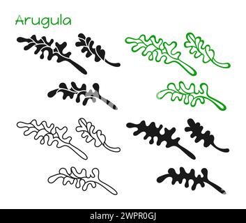 Arugula salad linear icon, cartoon symbol set. Hand Drawn arugula leaf herb silhouette shape or doodle leaves. Simple icon design element. Simple symbol sign for infographic, website, app logo. Vector Stock Vector