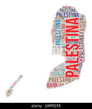 Palestine country shape word cloud. Typography style country illustration. Palestine image in text cloud style. Vector illustration. Stock Vector