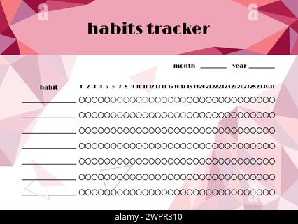 Monthly habits tracker template vector. Polygonal geometric design background with colorful triangle elements. A5 size horizontal page Stock Vector