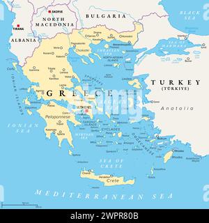 Greece, the Hellenic Republic, political map. Country in Southeast Europe on the southern tip of the Balkan peninsula, with capital Athens. Stock Photo