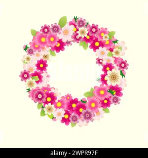 Cute floral wreath. 3D style design. Blank background. Door decoration concept. Round frame with pink flowers and green leaves. Set of vector flowers. Stock Vector