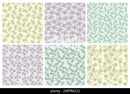 Decorative pattern set with line herbs elements Stock Vector