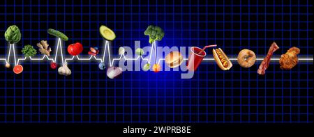 Food ECG Concept as a normal healthy EKG or flatline heart rate rythm as a cardiac disorder monitoring due to diet choices. Stock Photo