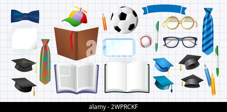 Set of school items. 3D clipart. Checkered notebook paper background and isolated icons. Creative collection. College and sport elements. Design templ Stock Vector