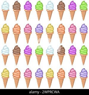 Multi-colored fruit ice cream in waffle cones. Seamless pattern. Vector illustration. Stock Vector