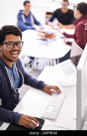 Smiling Computer Nerd Portrait of funny nerd man laughing, isolated on white background Stock ...