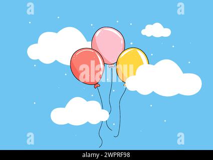 Cartoon vector illustration of colorful balloons floating in the sky with fluffy white clouds. artwork captures the joyous atmosphere of a sunny day, Stock Vector