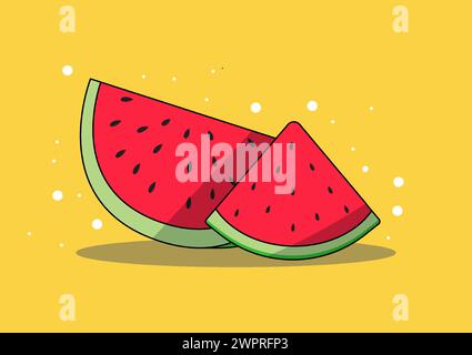 Cartoon vector illustration of a bright red watermelon cut into halves. artwork captures the juicy freshness of the watermelon with its vibrant colors Stock Vector