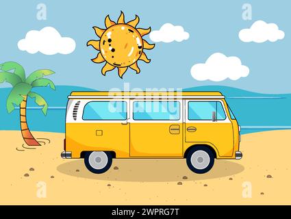 Cartoon vector illustration of a mini van parked on the beach, with a clear blue sky and a shining sun in the background. relaxed atmosphere of a beac Stock Vector