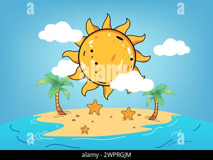 Cartoon vector illustration of the sun in the sky, with clouds casting rays onto a beach dotted with starfish and waves crashing against the shore. ar Stock Vector