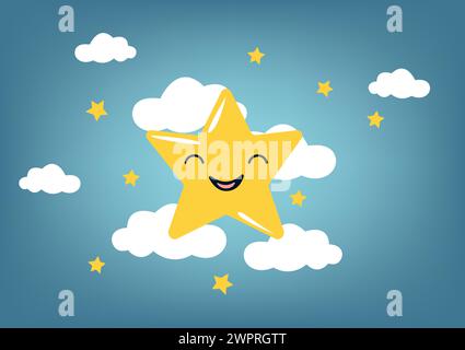 Cartoon vector illustration of a sparkling star in the night sky twinkling above fluffy clouds. This whimsical artwork captures the magic of a starry Stock Vector