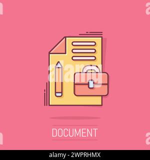 Document note with pen icon in comic style. Paper sheet pencil and briefcase cartoon vector illustration on isolated background. Notepad document spla Stock Vector