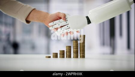 AI Trade Robot Saving Money. Business Trader Handshake Stock Photo
