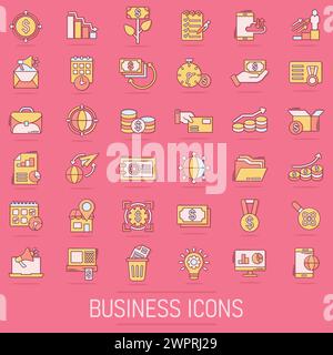Business icons set in comic style. Make money cartoon vector illustration on isolated background. Media internet splash effect business concept. Stock Vector